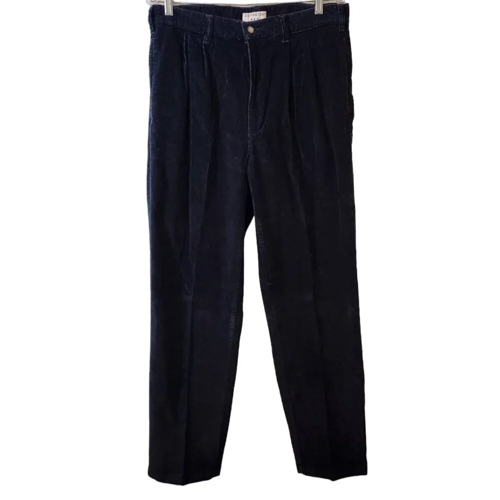 Vintage Mens Covington‎ Pleated Corduroy Pants Straight Fit 34x32 Blue EUC